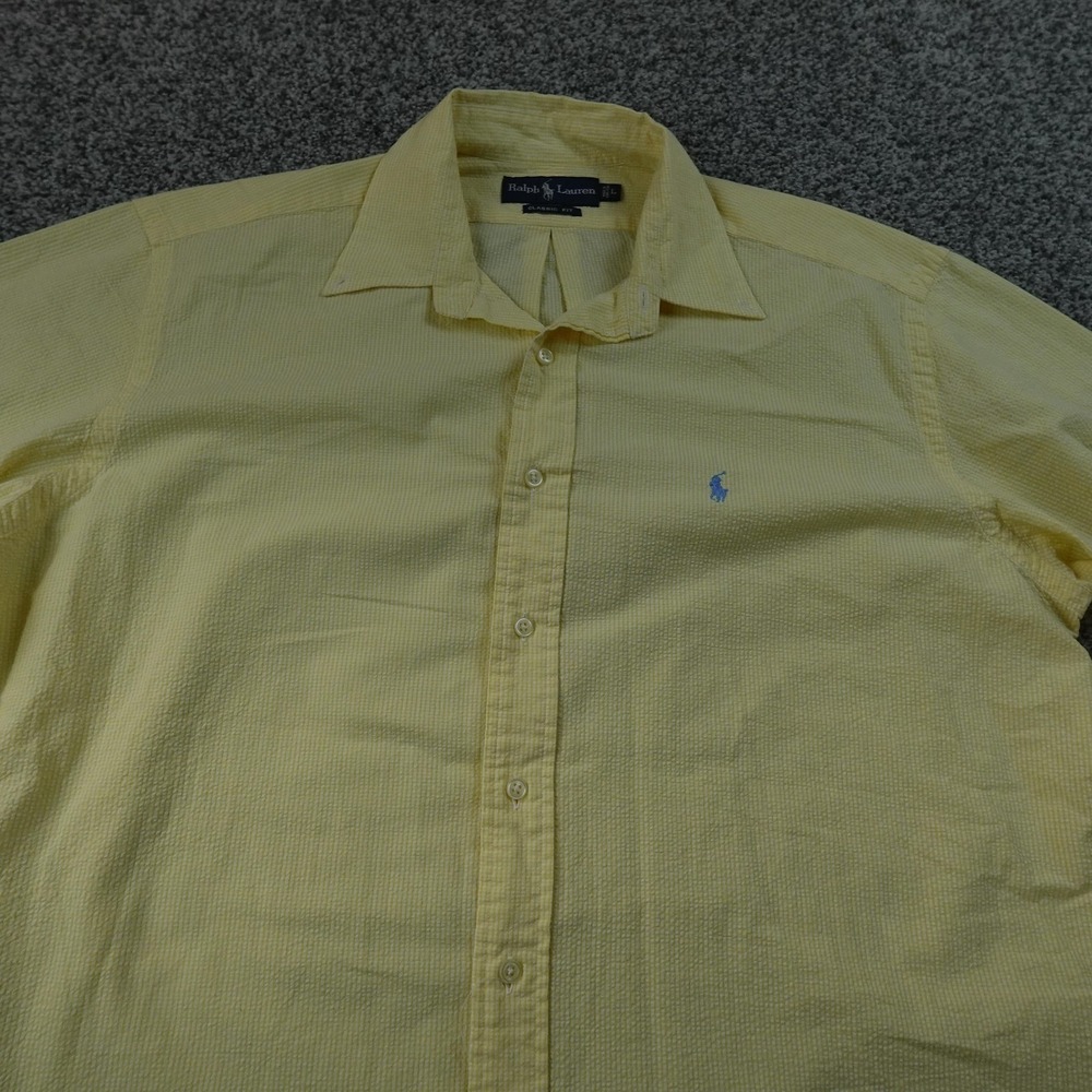 VTG Ralph Lauren Shirt Mens L Yellow Seersucker Short Sleeve Button Up Pony 90s‎